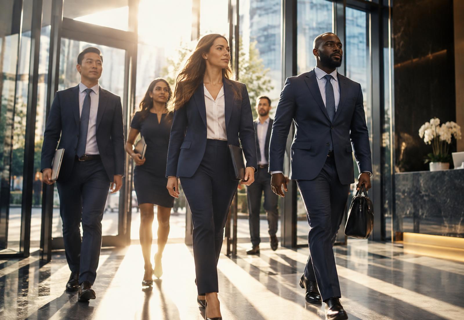 Business professionals walking through an open glass door into a sunlit office lobby
